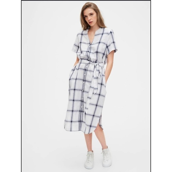 GAP Linen Blend Navy Windpane Plaid Tie Waist Women 0 Shift Casual Midi Dress - Picture 1 of 8